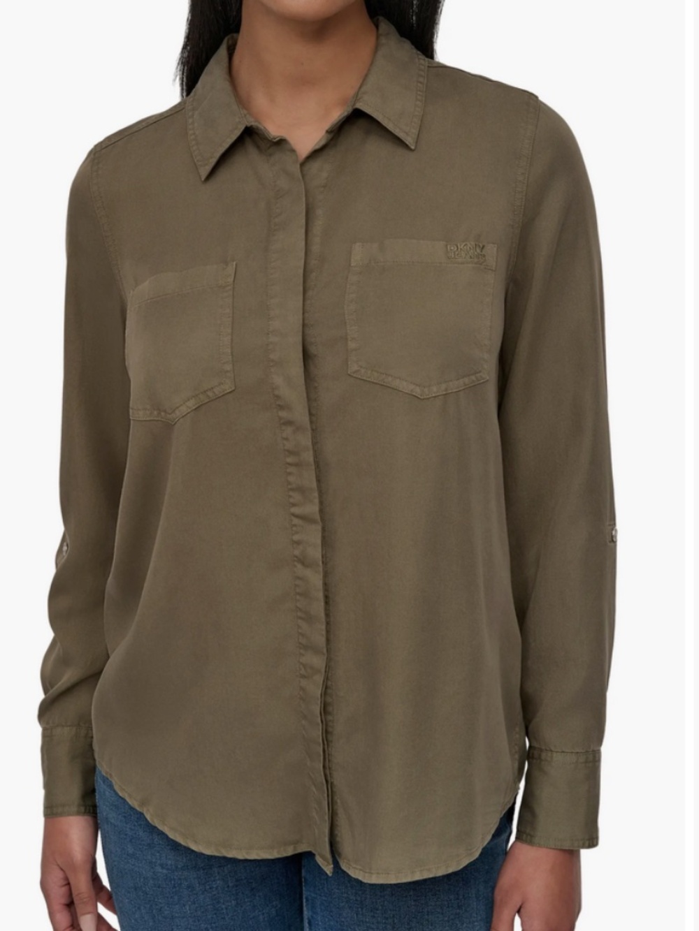DKNY Jeans Tencel® Lyocell Chambray Button-Up Shirt Medium, LIGHT FATIGUE